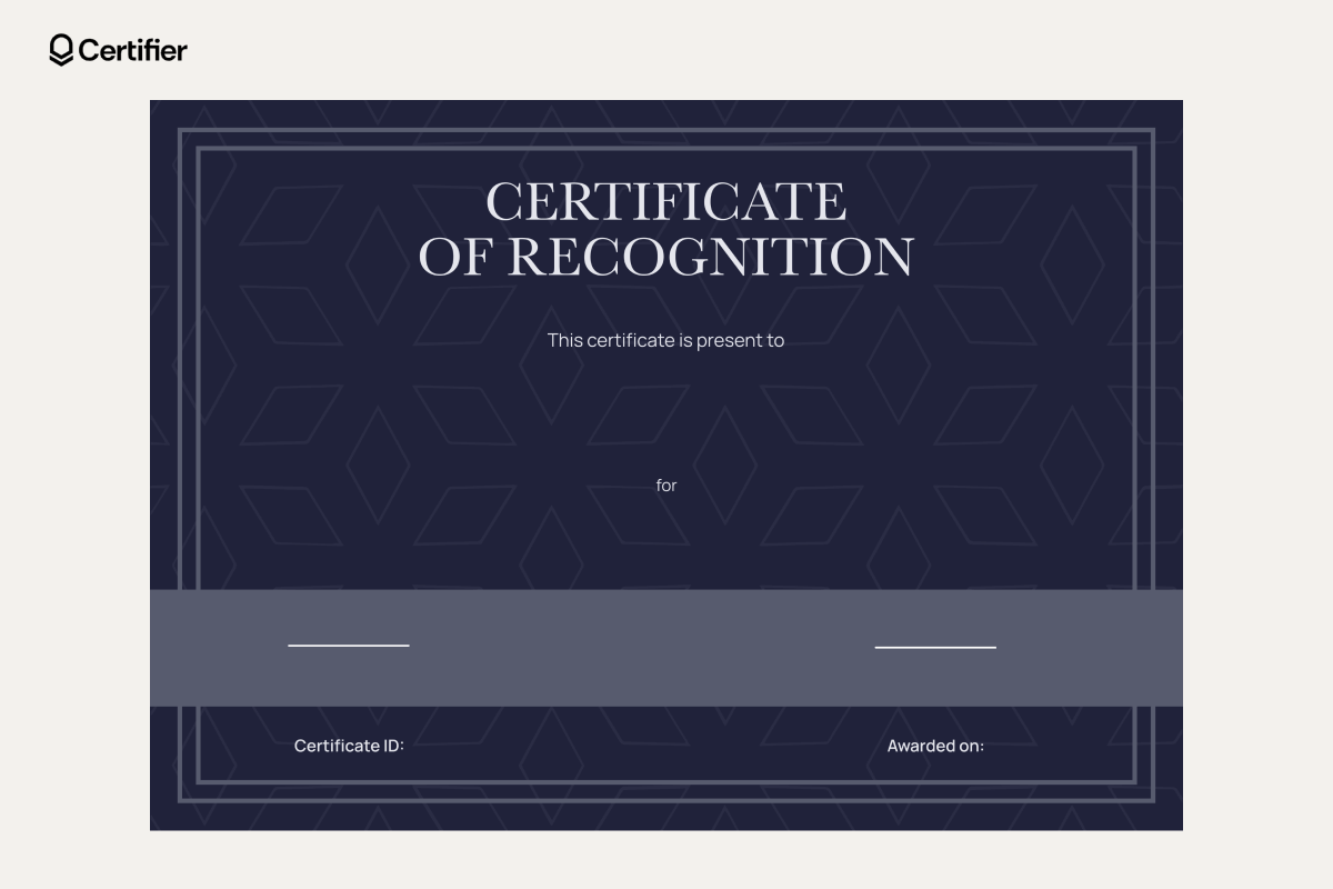 Certificate blank templates for recognition in dark blue, with fields for recipient’s name, purpose of award, certificate ID, and awarded date. Certificate blank templates for recognition in dark blue, with fields for recipient’s name, purpose of award, certificate ID, and awarded date.