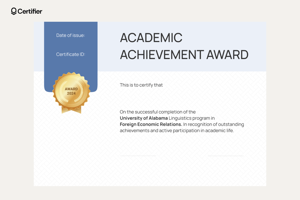 Printable blank certificate template free download for academic achievement with a gold seal and spaces for program details, issuing date, and certificate ID. Printable blank certificate template free download for academic achievement with a gold seal and spaces for program details, issuing date, and certificate ID.
