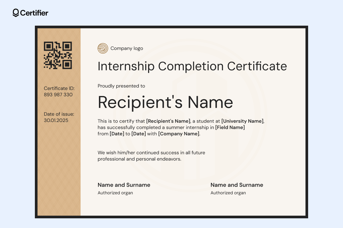 An intern certificate sample with beige layout including a company logo at the top and a prominent title. An intern certificate sample with beige layout including a company logo at the top and a prominent title.