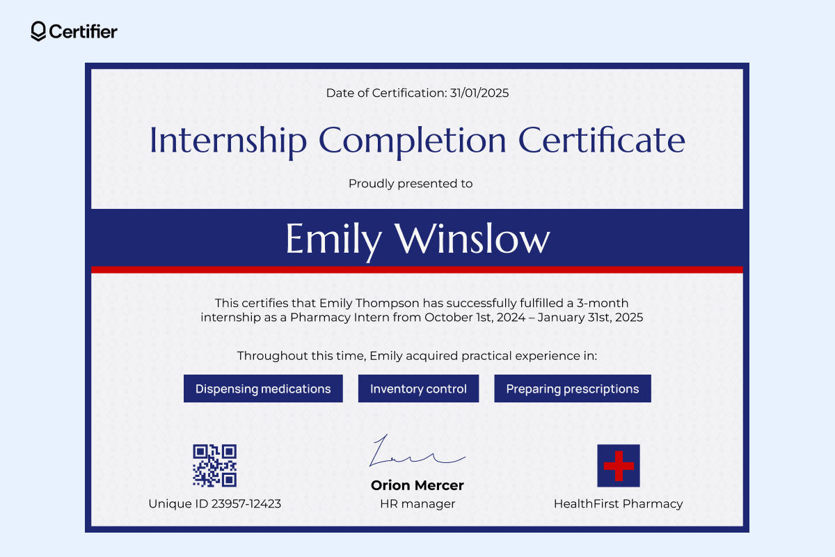 It’s a certificate of internship template designed in a pharmacy internship certificate format. It includes the title and the recipient's name in bold text. It’s a certificate of internship template designed in a pharmacy internship certificate format. It includes the title and the recipient's name in bold text.