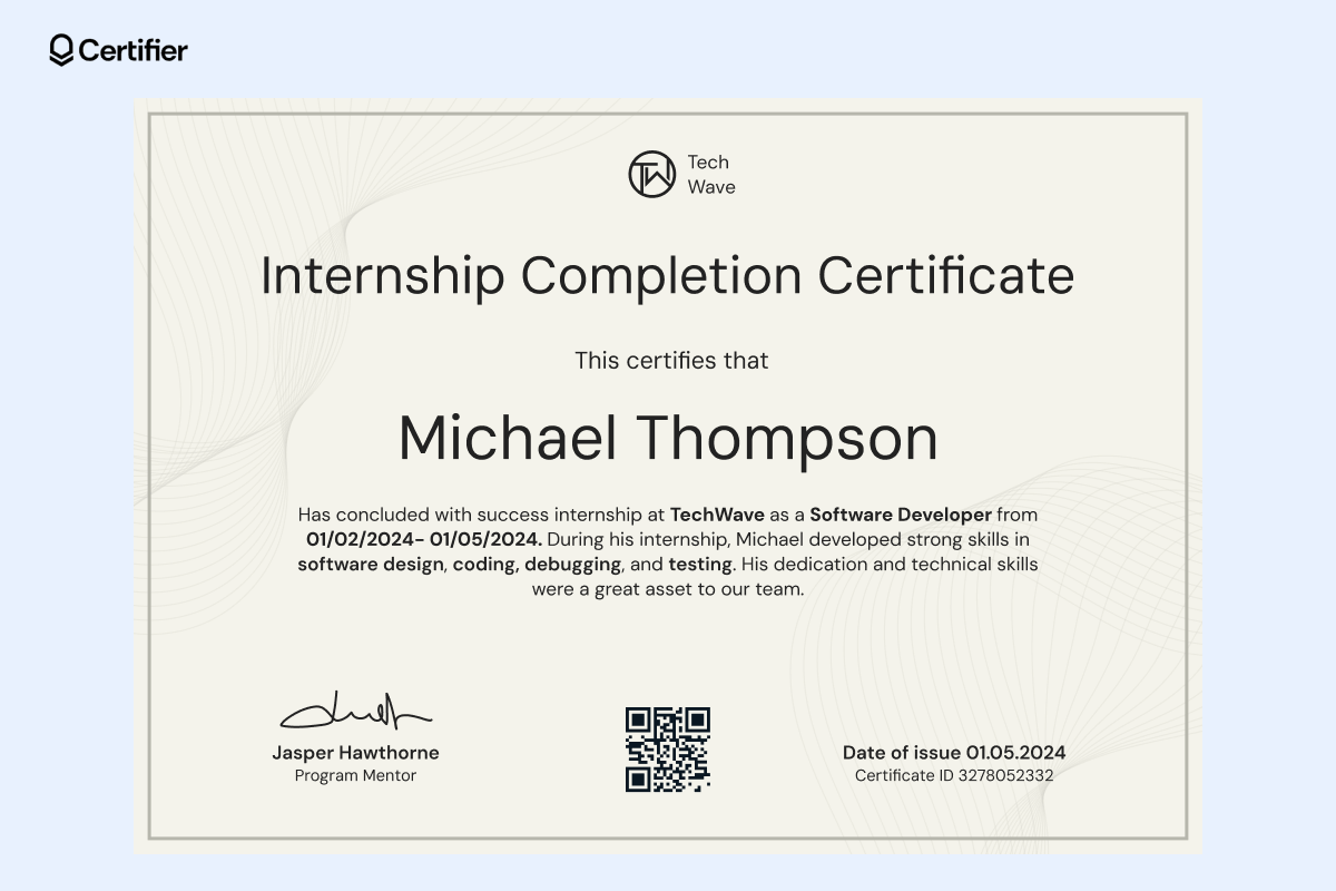 An internship certificate download template with a company logo at the top, the title An internship certificate download template with a company logo at the top, the title