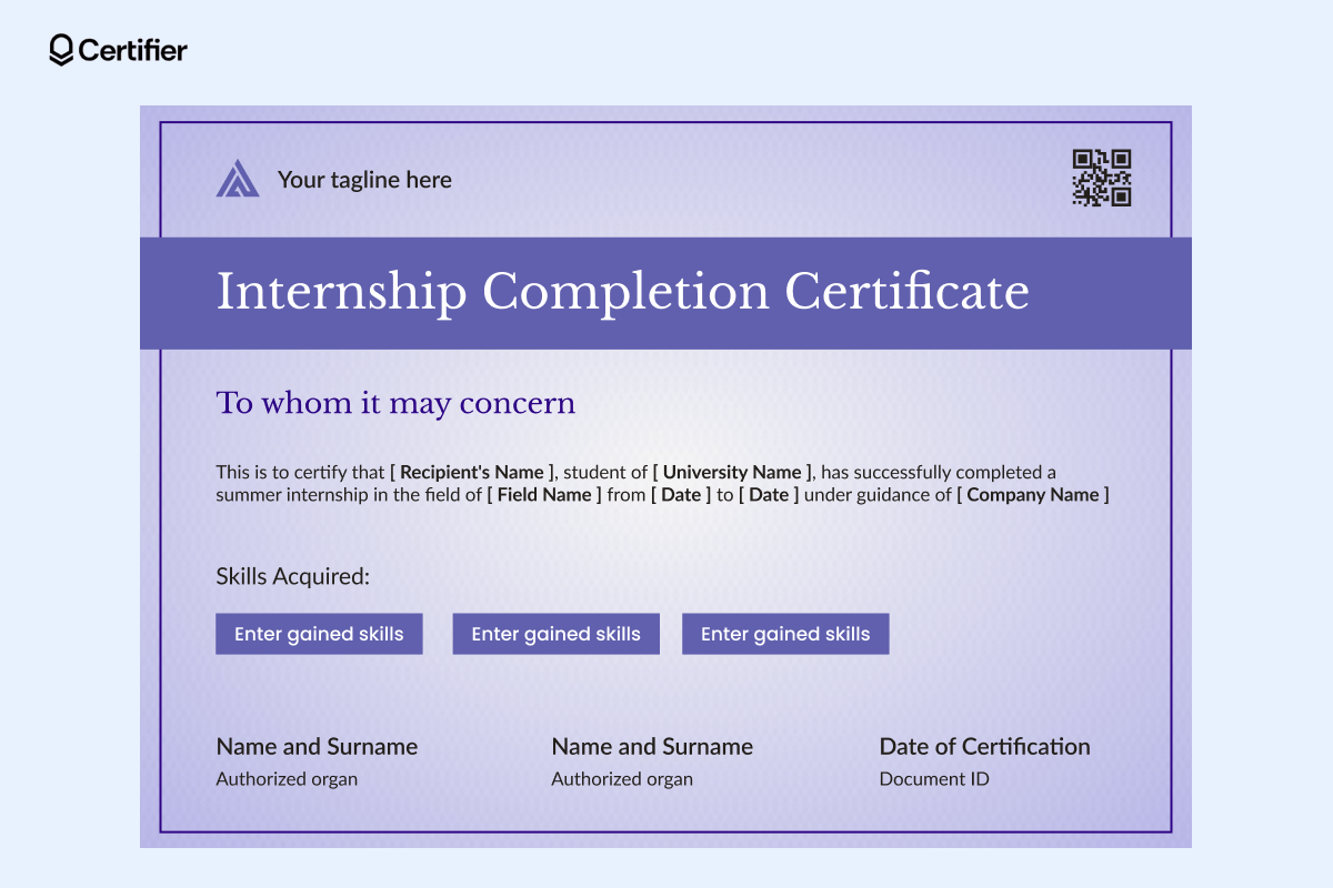 This is a blank internship certificate template with a purple theme. It includes placeholders for the recipient's name, university, field of study, internship duration, company name, and skills acquired. This is a blank internship certificate template with a purple theme. It includes placeholders for the recipient's name, university, field of study, internship duration, company name, and skills acquired.