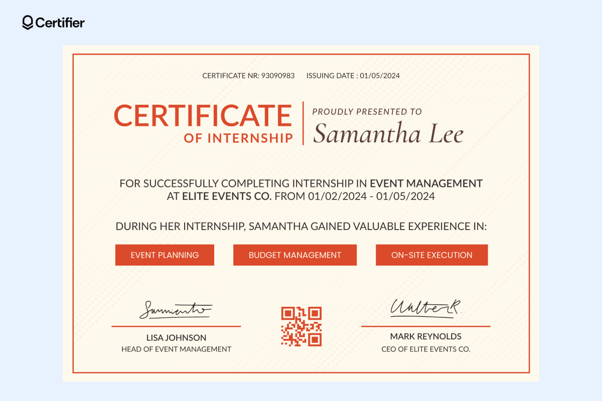 This internship certificate template features a yellow design with bold orange accents, including details about the internship role in event management, key skills acquired, and the internship duration. This internship certificate template features a yellow design with bold orange accents, including details about the internship role in event management, key skills acquired, and the internship duration.