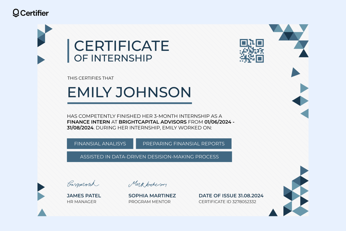 This finance internship certificate format highlights the completion of a 3-month internship in a finance role. It lists the recipient's skills, such as financial analysis and report preparation. This finance internship certificate format highlights the completion of a 3-month internship in a finance role. It lists the recipient's skills, such as financial analysis and report preparation.