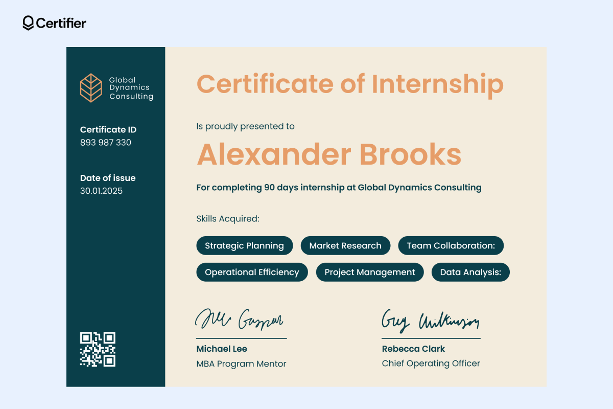 This template for an internship certificate showcases a modern design with the recipient's name, duration of the internship, and acquired collaboration skills, such as strategic planning and market research. This template for an internship certificate showcases a modern design with the recipient's name, duration of the internship, and acquired collaboration skills, such as strategic planning and market research.