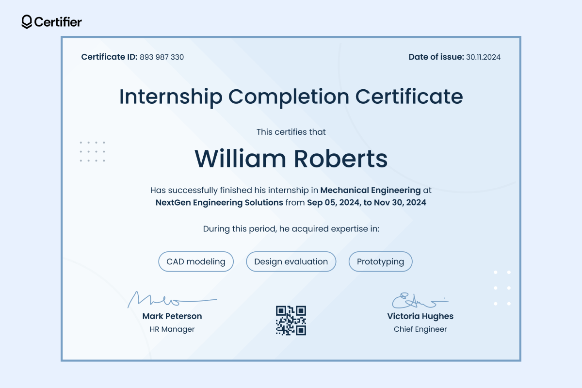 A blank internship certificate download template in a light blue theme, highlighting the recipient's name, field of internship, and skills acquired. A blank internship certificate download template in a light blue theme, highlighting the recipient's name, field of internship, and skills acquired.