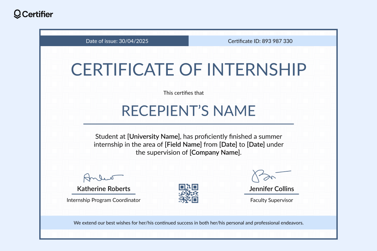 This template for an internship certificate features a blue, simple, and formal layout. This template for an internship certificate features a blue, simple, and formal layout.
