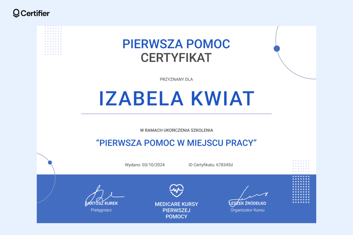 Certyfikat ukończenia kursu pierwszej pomocy wzór w niebieskim kolorze. Certyfikat ukończenia kursu pierwszej pomocy wzór w niebieskim kolorze.