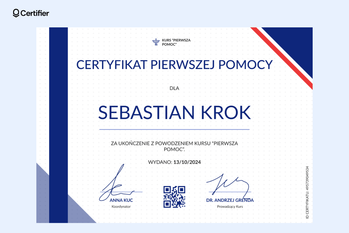 Zaświadczenie pierwsza pomoc wzór w niebiesko-czerwonych kolorach, z kodem QR i miejscami na dwa podpisy. Zaświadczenie pierwsza pomoc wzór w niebiesko-czerwonych kolorach, z kodem QR i miejscami na dwa podpisy.