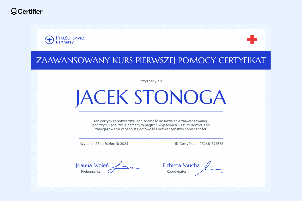 Klasyczny certyfikat szkolenia z pierwszej pomocy w jasnym niebieskim kolorze i z czerwonym krzyżem w rogu. Klasyczny certyfikat szkolenia z pierwszej pomocy w jasnym niebieskim kolorze i z czerwonym krzyżem w rogu.