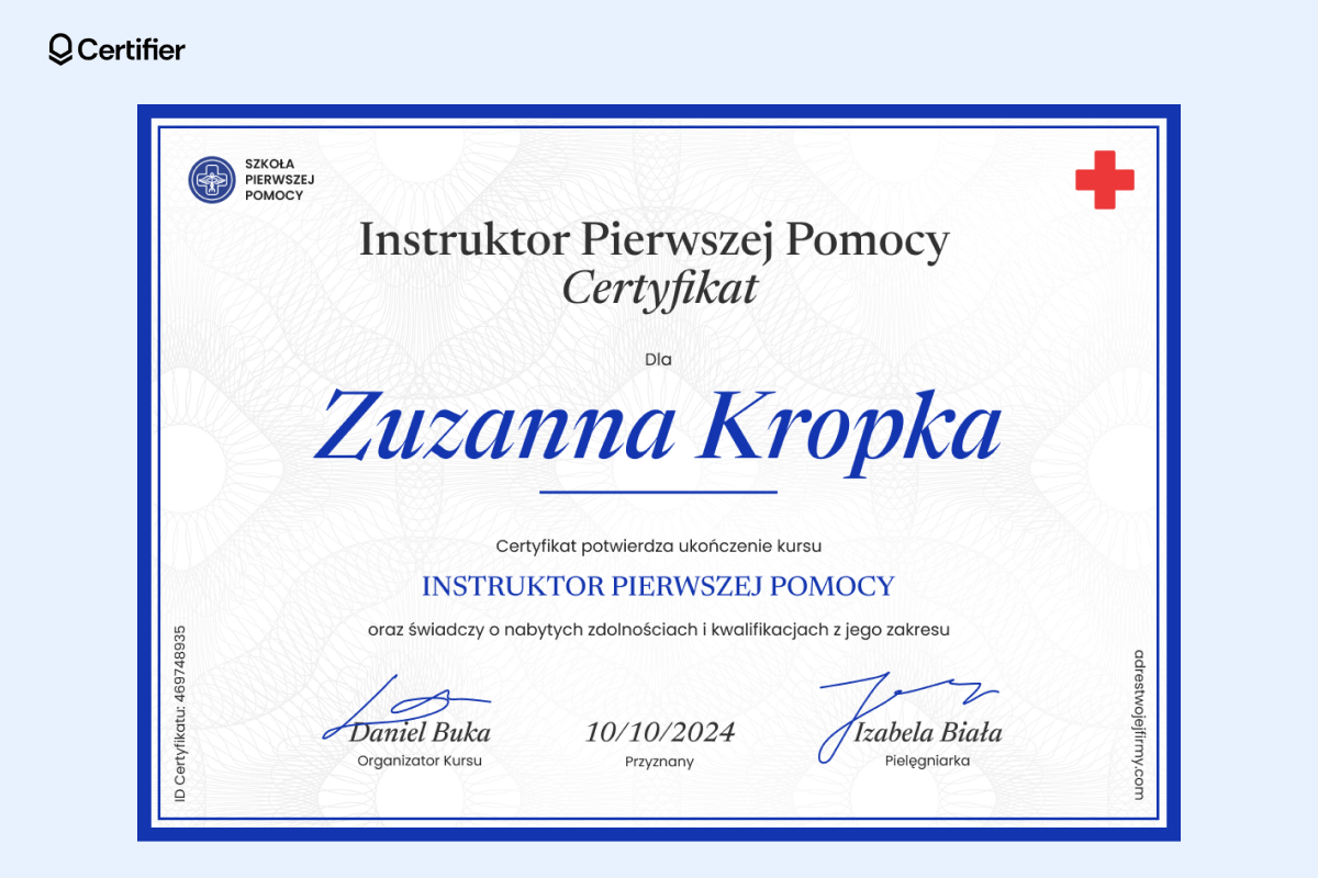 Certyfikat ukończenia pierwszej pomocy dla instruktora z subtlenym tłem i dużą ilością miejsca na imię i nazwisko kursanta. Certyfikat ukończenia pierwszej pomocy dla instruktora z subtlenym tłem i dużą ilością miejsca na imię i nazwisko kursanta.
