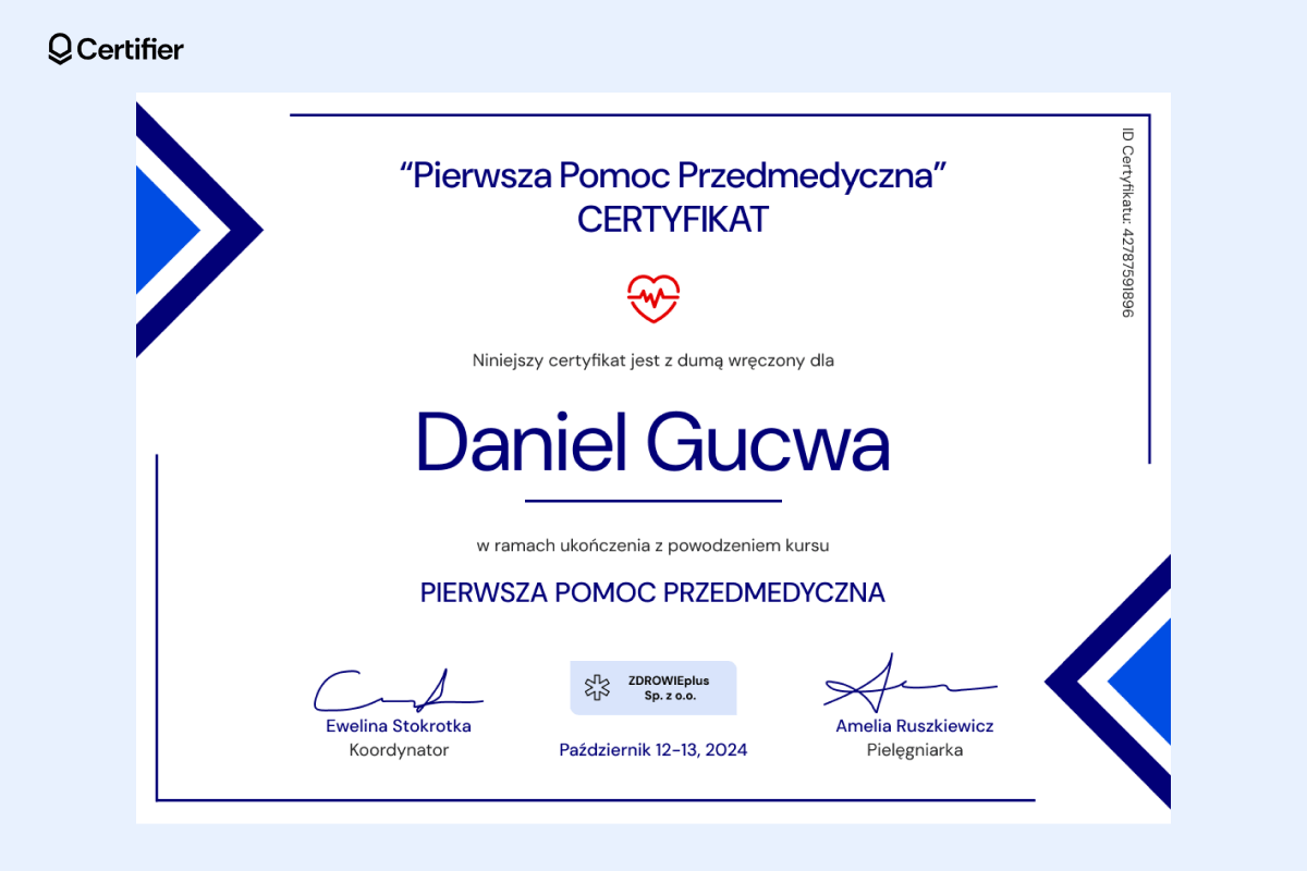 Certyfikat pierwszej pomocy przedmedycznej z geometrycznymi wzorami. Certyfikat pierwszej pomocy przedmedycznej z geometrycznymi wzorami.