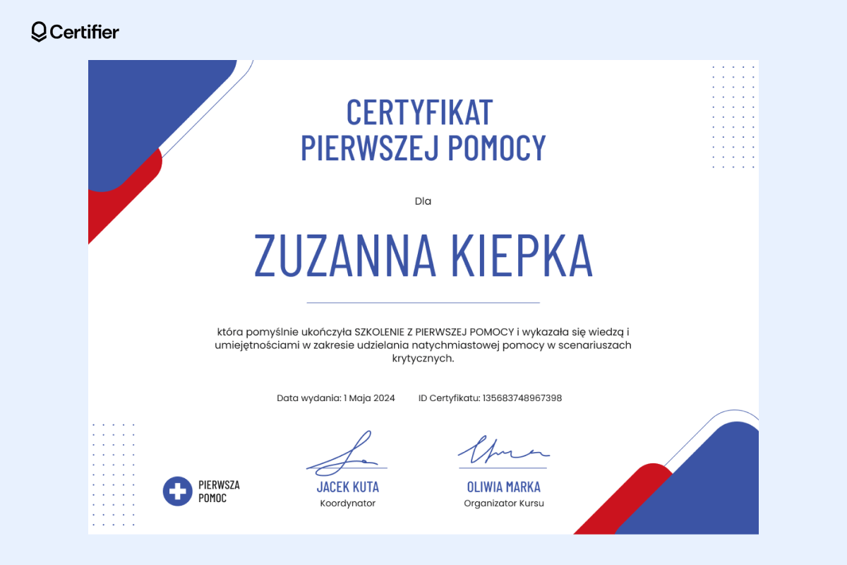 Certyfikat udzielania pierwszej pomocy wzór nowoczesny, w czerwonym i niebieskim kolorze. Certyfikat udzielania pierwszej pomocy wzór nowoczesny, w czerwonym i niebieskim kolorze.