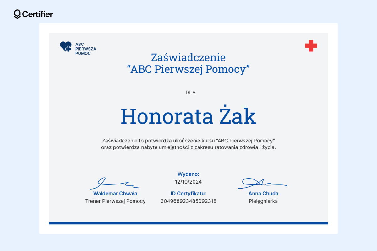 Zaświadczenie o ukończeniu kursu pierwszej pomocy doc z dedykowanym miejscem na datę wydania i numer certyfikatu. Zaświadczenie o ukończeniu kursu pierwszej pomocy doc z dedykowanym miejscem na datę wydania i numer certyfikatu.