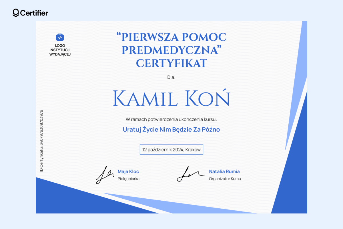 Szablon certyfikatu szkolenia z pierwszej pomocy z niebieskim wzorem fal i polami na podpisy. Szablon certyfikatu szkolenia z pierwszej pomocy z niebieskim wzorem fal i polami na podpisy.