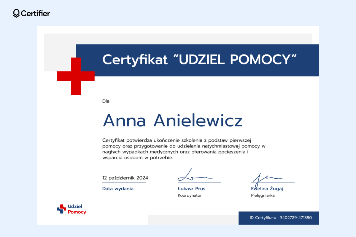 Certyfikat ukończenia kursu pierwszej pomocy z podkreślonym tytułem i dużą ilością miejsca na opis kursu. Certyfikat ukończenia kursu pierwszej pomocy z podkreślonym tytułem i dużą ilością miejsca na opis kursu.