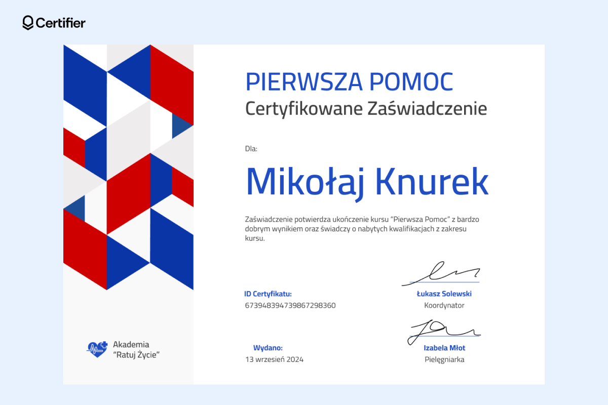 Zaświadczenie o ukończeniu kursu pierwszej pomocy docięte kształty, w niebieskim, szarym i czerwonym kolorze. Zaświadczenie o ukończeniu kursu pierwszej pomocy docięte kształty, w niebieskim, szarym i czerwonym kolorze.