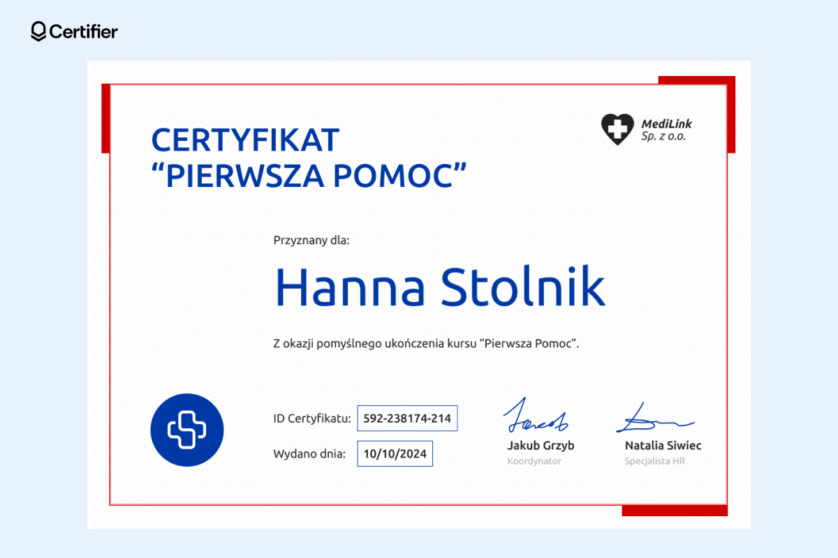 Certyfikat ukończenia kursu pierwszej pomocy wzór z czerwoną ramką i dedykowanym miejscem na datę wydania i numer certyfikatu. Certyfikat ukończenia kursu pierwszej pomocy wzór z czerwoną ramką i dedykowanym miejscem na datę wydania i numer certyfikatu.