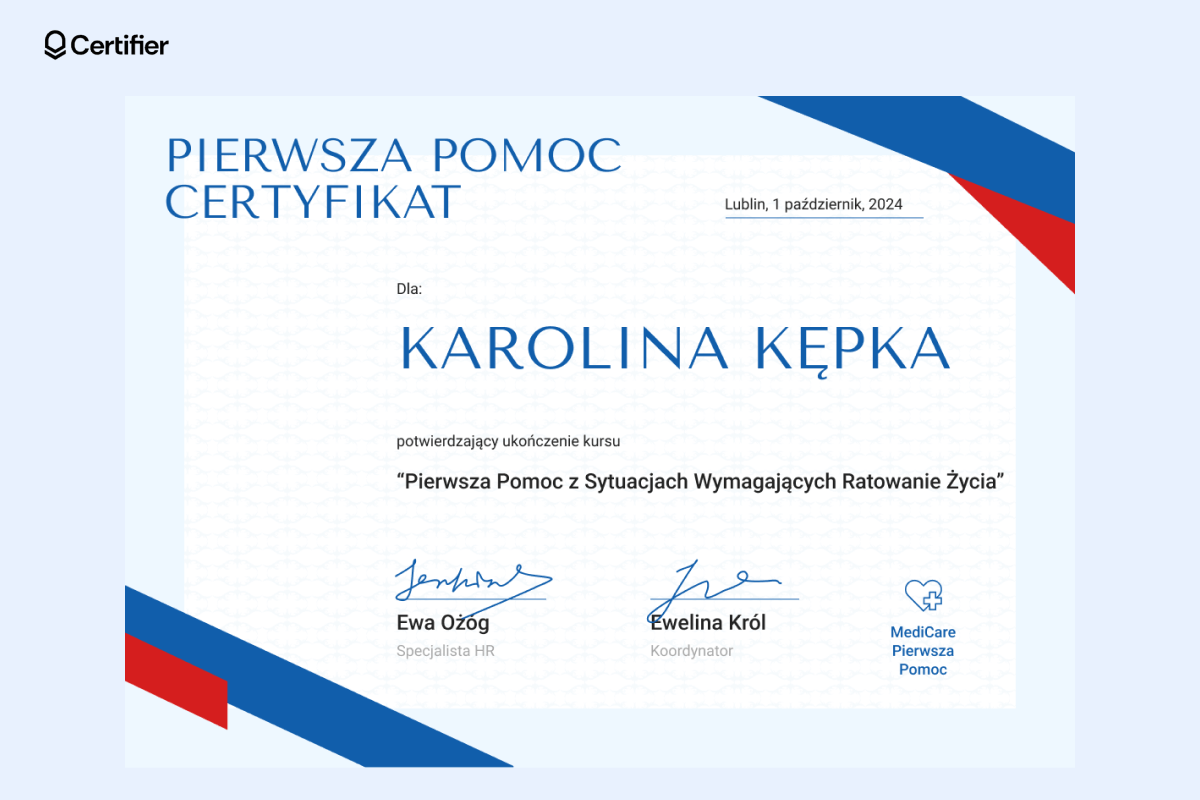 Certyfikat pierwszej pomocy wzór elegancki i ponadczasowy, respektowany w państwowym ratownictwie medycznym. Certyfikat pierwszej pomocy wzór elegancki i ponadczasowy, respektowany w państwowym ratownictwie medycznym.