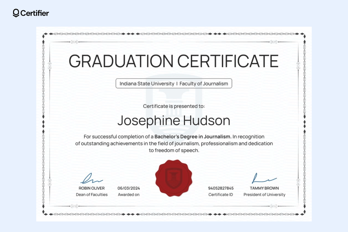 A formal graduation certificate with a detailed black and white border, suitable as a certificate template design for academic achievements. A formal graduation certificate with a detailed black and white border, suitable as a certificate template design for academic achievements.