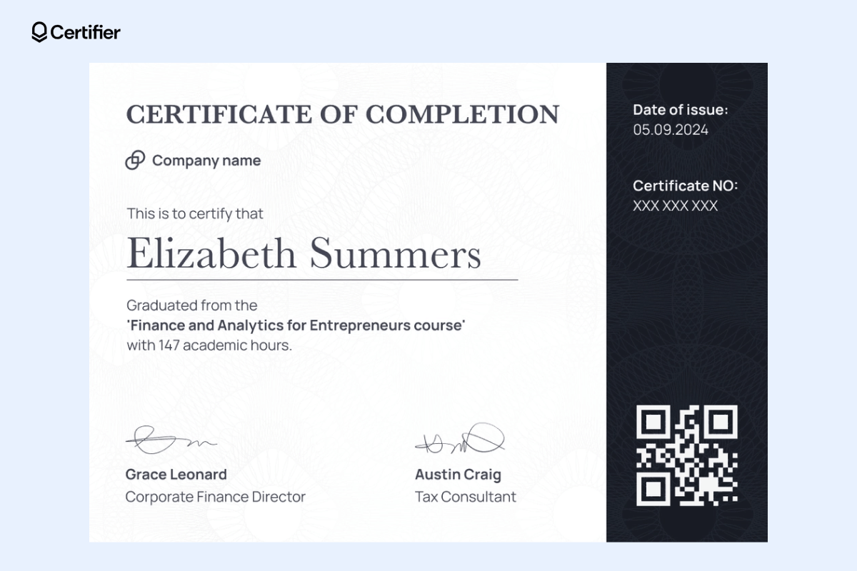 A certificate of completion in black and white with elegant details and a QR code, showcasing one of the best certificate designs for professional achievements. A certificate of completion in black and white with elegant details and a QR code, showcasing one of the best certificate designs for professional achievements.