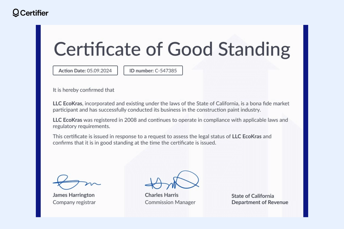 A professional certificate of good standing, highlighted by navy accents and large, clear typography, representing one of the best certificate designs for corporate use. A professional certificate of good standing, highlighted by navy accents and large, clear typography, representing one of the best certificate designs for corporate use.
