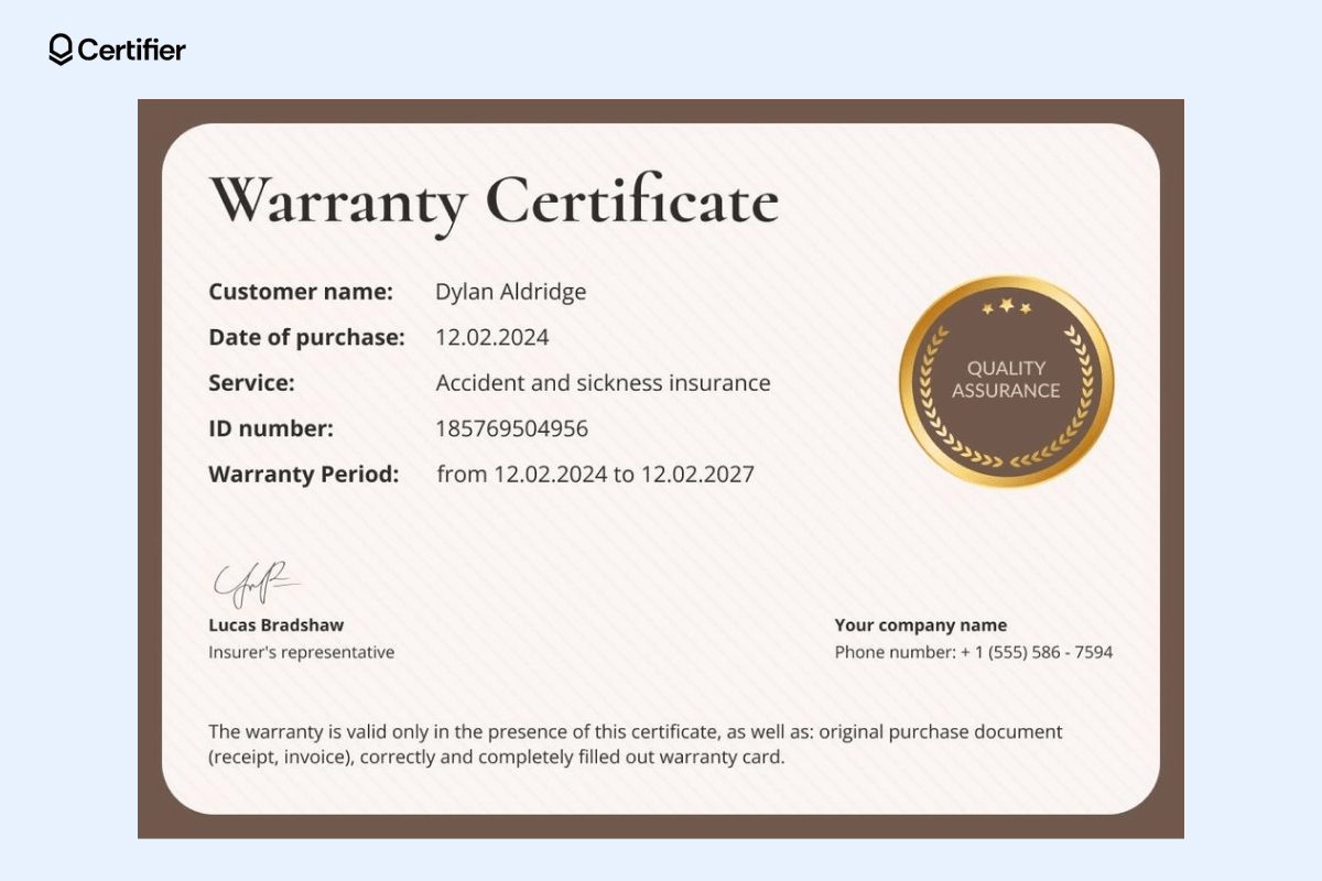 A brown-accented warranty certificate design template featuring gold quality assurance badge and essential details like purchase date and warranty period. A brown-accented warranty certificate design template featuring gold quality assurance badge and essential details like purchase date and warranty period.