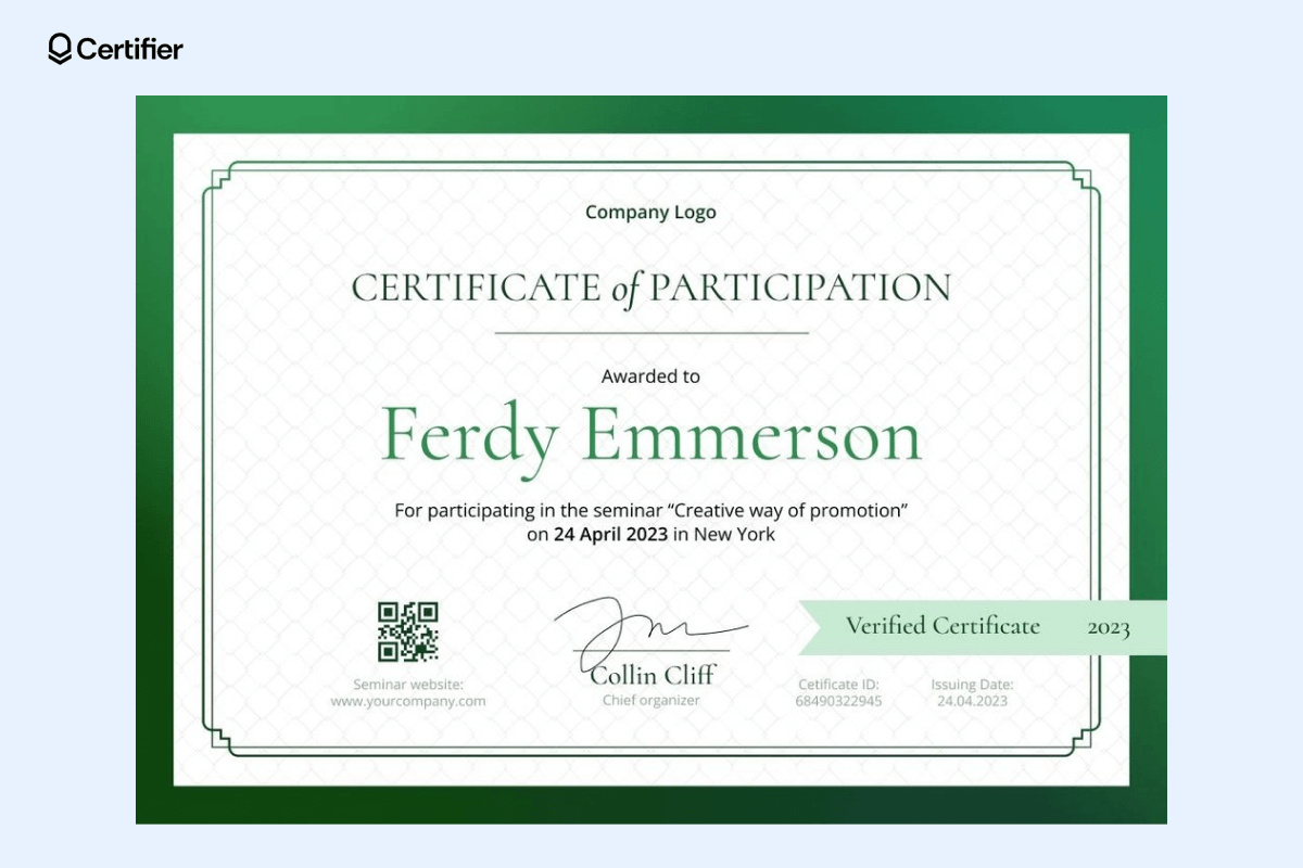 A green-themed certificate of participation with a verified badge, designed for seminar attendance, representing classic certificate design templates. A green-themed certificate of participation with a verified badge, designed for seminar attendance, representing classic certificate design templates.