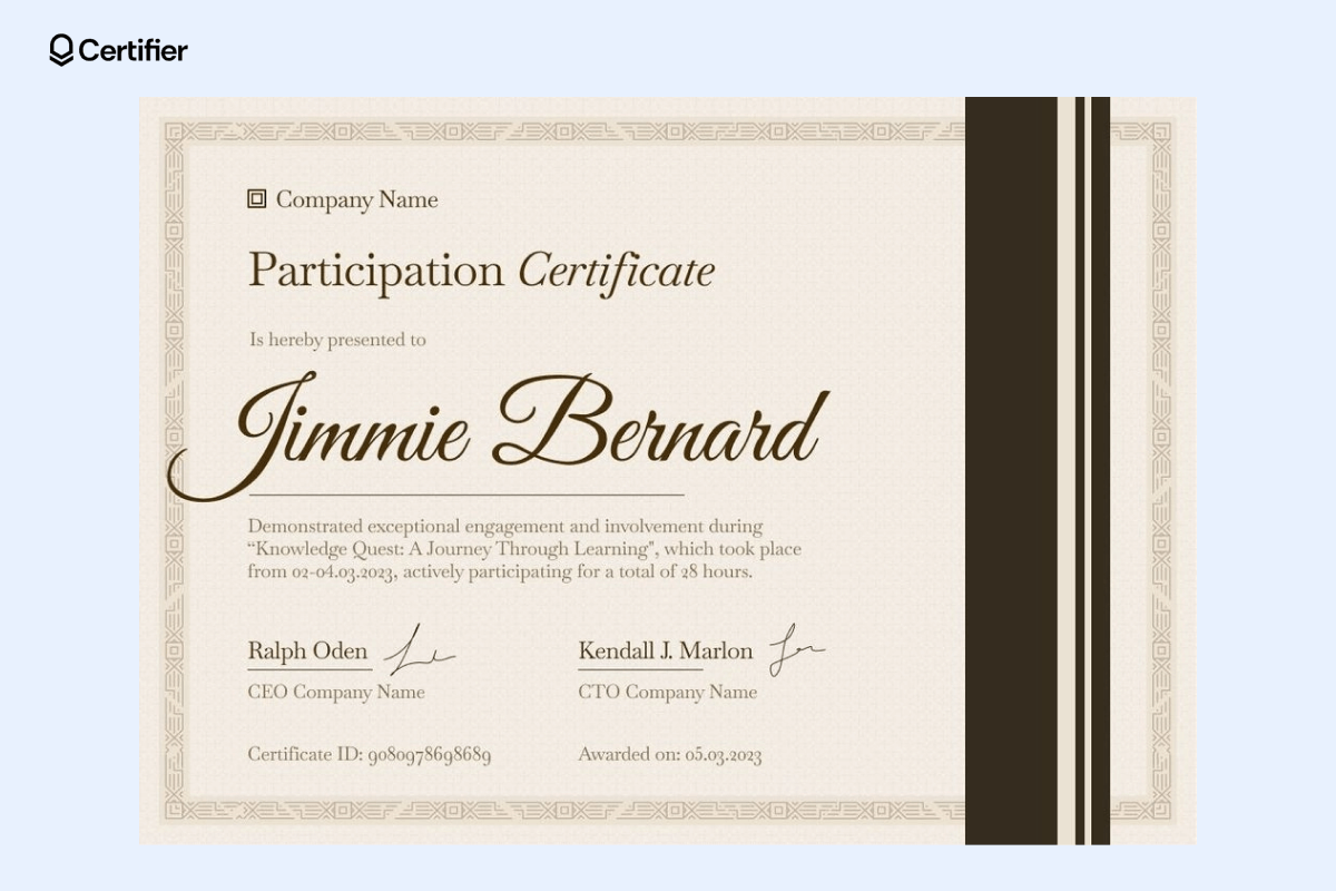 An ornate certificate design with a beige background and classic fonts, ideal for showcasing elegant certificate template designs. An ornate certificate design with a beige background and classic fonts, ideal for showcasing elegant certificate template designs.