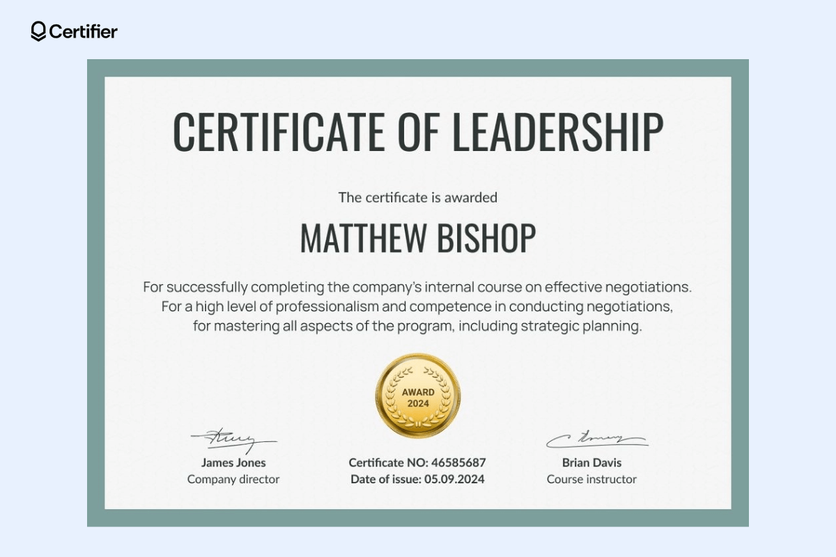 This leadership certificate features a subtle green frame with a gold award badge, exemplifying professional certificate design ideas for corporate training. This leadership certificate features a subtle green frame with a gold award badge, exemplifying professional certificate design ideas for corporate training.
