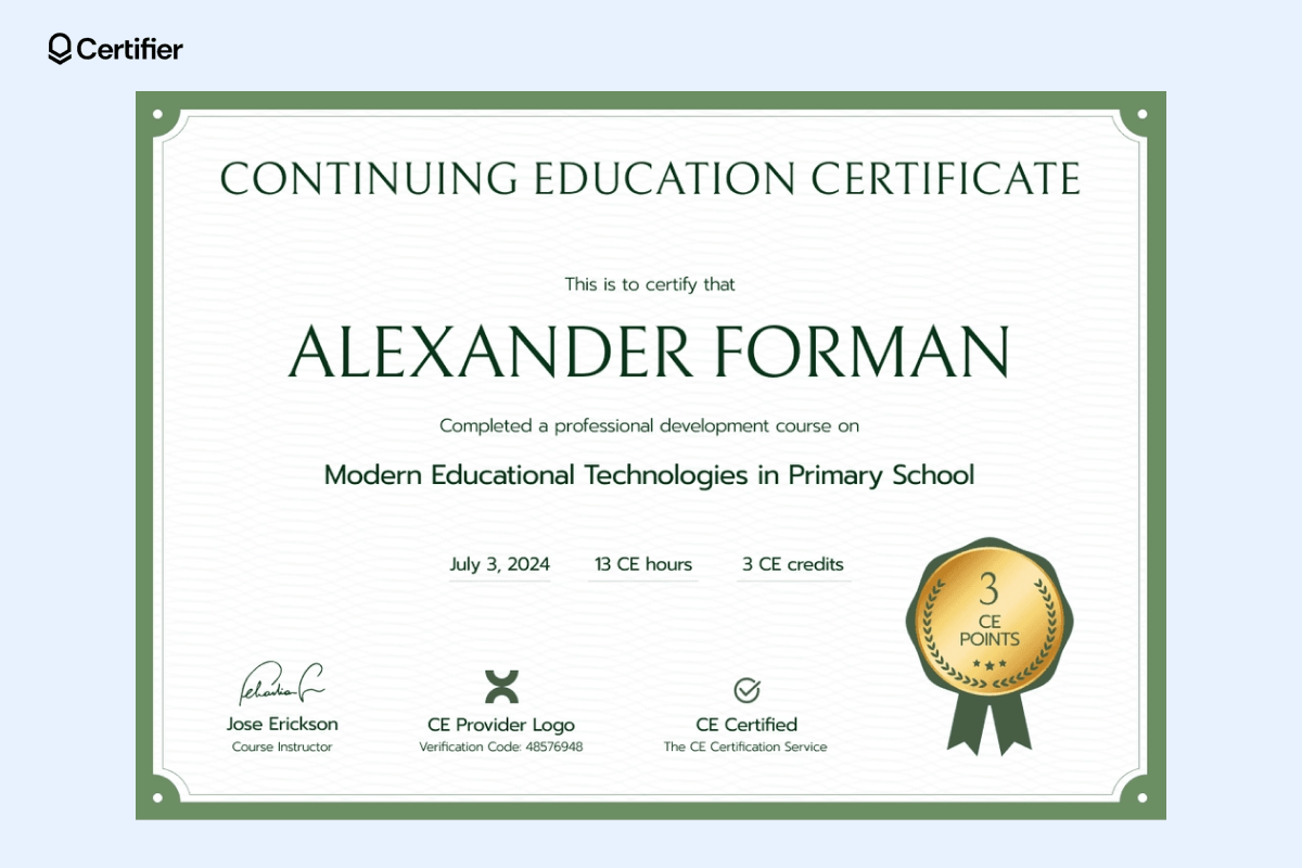 A continuing education certificate with a green frame and gold emblem for CE points, ideal for certification design in educational fields. A continuing education certificate with a green frame and gold emblem for CE points, ideal for certification design in educational fields.
