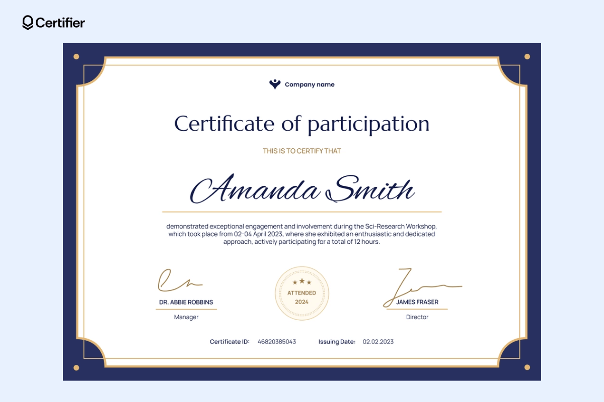 A minimalist, navy-blue bordered certificate of participation with subtle gold accents, highlighting modern and free certificate design ideas. A minimalist, navy-blue bordered certificate of participation with subtle gold accents, highlighting modern and free certificate design ideas.