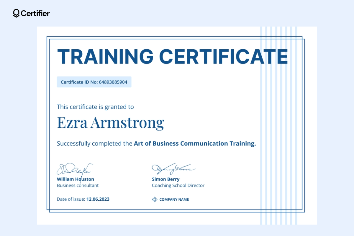 A blue-striped training certificate template design with clear, structured elements, making it one of the best certificate designs for business training programs. A blue-striped training certificate template design with clear, structured elements, making it one of the best certificate designs for business training programs.