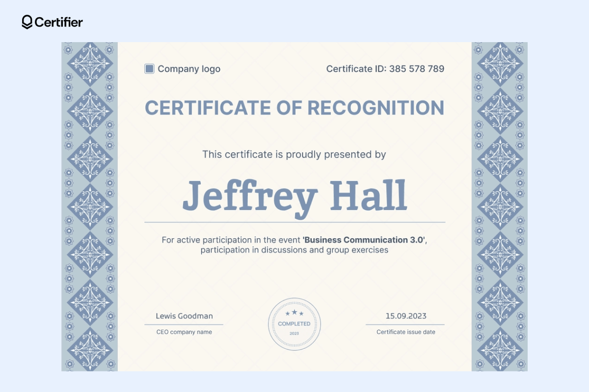 A recognition certificate with a decorative blue pattern on the sides, highlighting classic certificate design templates suitable for company events. A recognition certificate with a decorative blue pattern on the sides, highlighting classic certificate design templates suitable for company events.