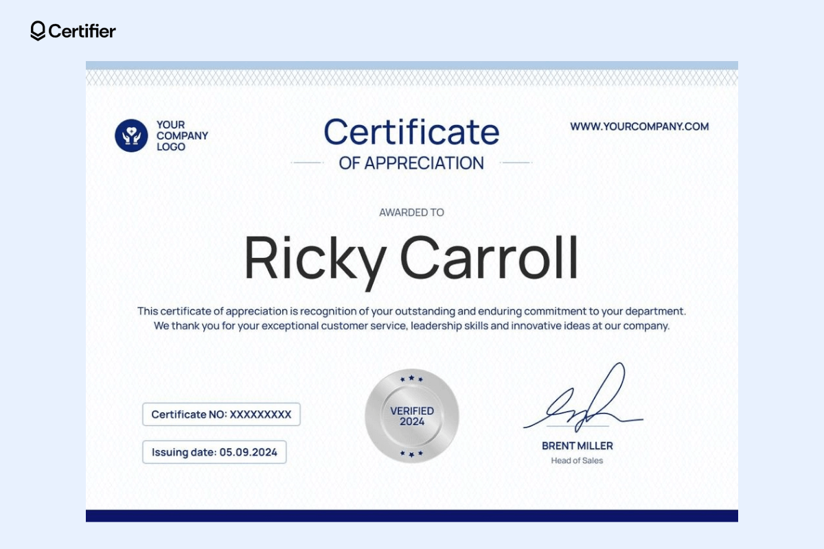 A certificate of appreciation with a minimalist blue theme, verified badge, and clear layout, representing professional certificate design templates for corporate use. A certificate of appreciation with a minimalist blue theme, verified badge, and clear layout, representing professional certificate design templates for corporate use.