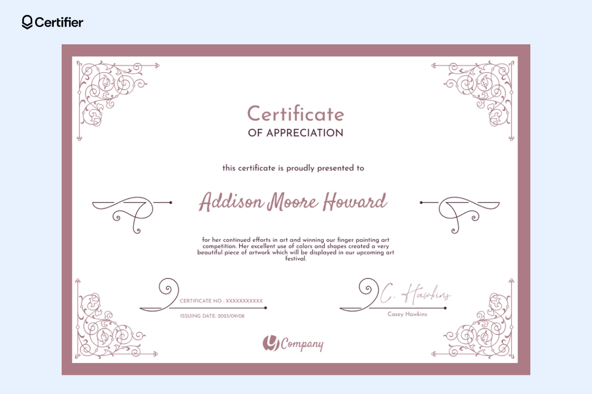 A pink-framed certificate of appreciation with ornate flourishes, exemplifying creative certificate design templates ideal for art competitions or events. A pink-framed certificate of appreciation with ornate flourishes, exemplifying creative certificate design templates ideal for art competitions or events.