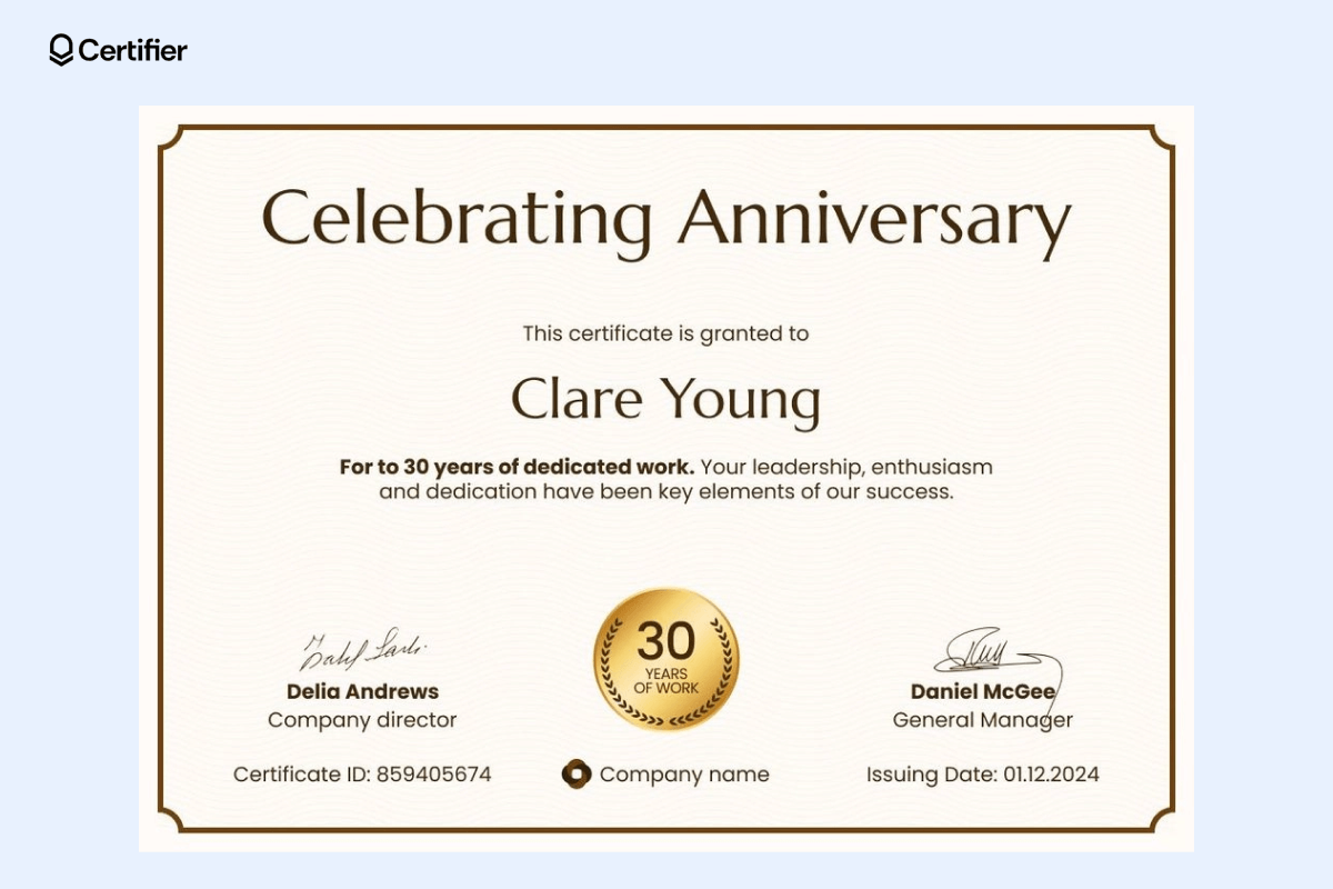 A simple, elegant certificate celebrating a work anniversary with a brown frame and classic layout, embodying timeless certificate template design. A simple, elegant certificate celebrating a work anniversary with a brown frame and classic layout, embodying timeless certificate template design.