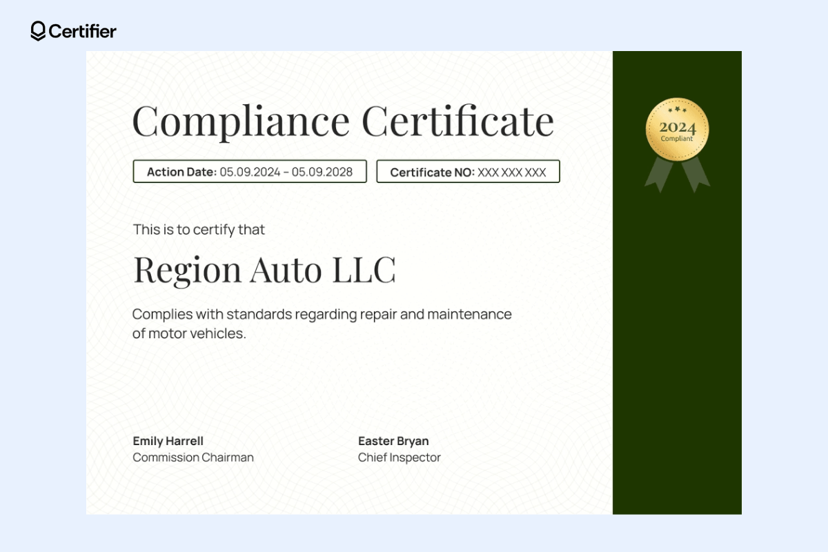 A compliance certificate with a green ribbon accent and clear structure, suitable for certification design templates focusing on regulatory standards. A compliance certificate with a green ribbon accent and clear structure, suitable for certification design templates focusing on regulatory standards.