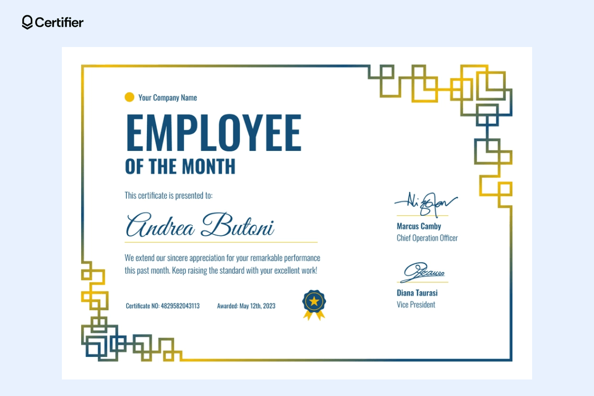 A blue and gold employee of the month certificate design with modern geometric patterns, representing creative certificate design ideas for workplace recognition. A blue and gold employee of the month certificate design with modern geometric patterns, representing creative certificate design ideas for workplace recognition.