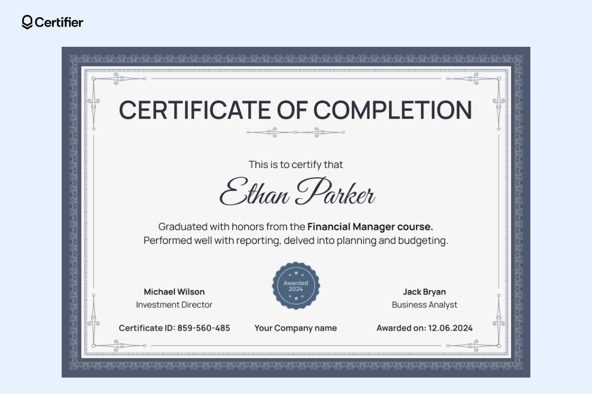 A certificate of completion with a refined, dark blue border and intricate corners, representing certification design ideal for financial and managerial courses. A certificate of completion with a refined, dark blue border and intricate corners, representing certification design ideal for financial and managerial courses.