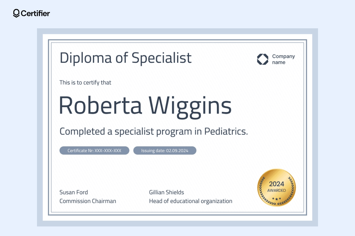 A specialist diploma in pediatrics with a light gray border and a gold badge, offering a professional certificate design template for medical qualifications. A specialist diploma in pediatrics with a light gray border and a gold badge, offering a professional certificate design template for medical qualifications.
