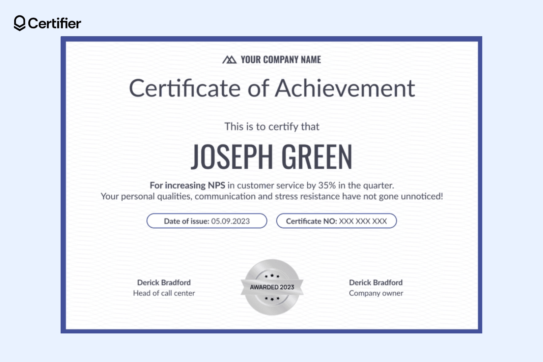 This Certifier’s certificate template word free download offers a straightforward, grey design with a thin blue frame and a silver badge on this MS Word certificate design as well. This Certifier’s certificate template word free download offers a straightforward, grey design with a thin blue frame and a silver badge on this MS Word certificate design as well.