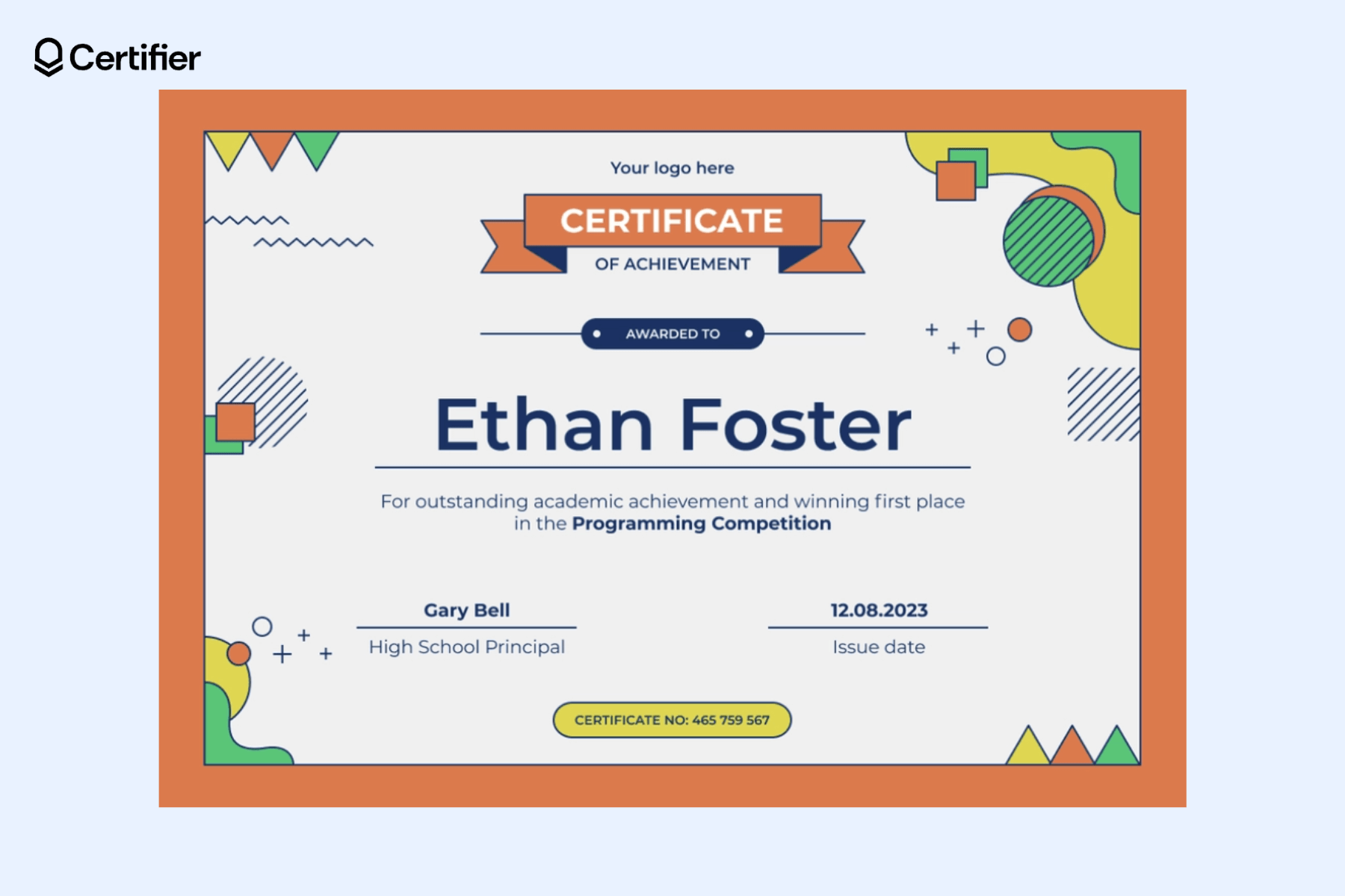 One of the free certificate templates for Word from Certifier with vibrant and colorful geometric shapes all around. One of the free certificate templates for Word from Certifier with vibrant and colorful geometric shapes all around.