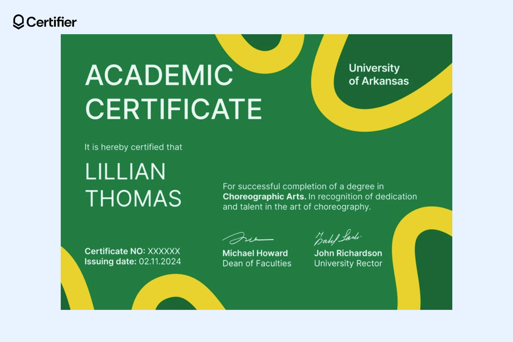 Certifier’s certificate template Word free download with a green and yellow design, titled as Word academic certificate. Certifier’s certificate template Word free download with a green and yellow design, titled as Word academic certificate.