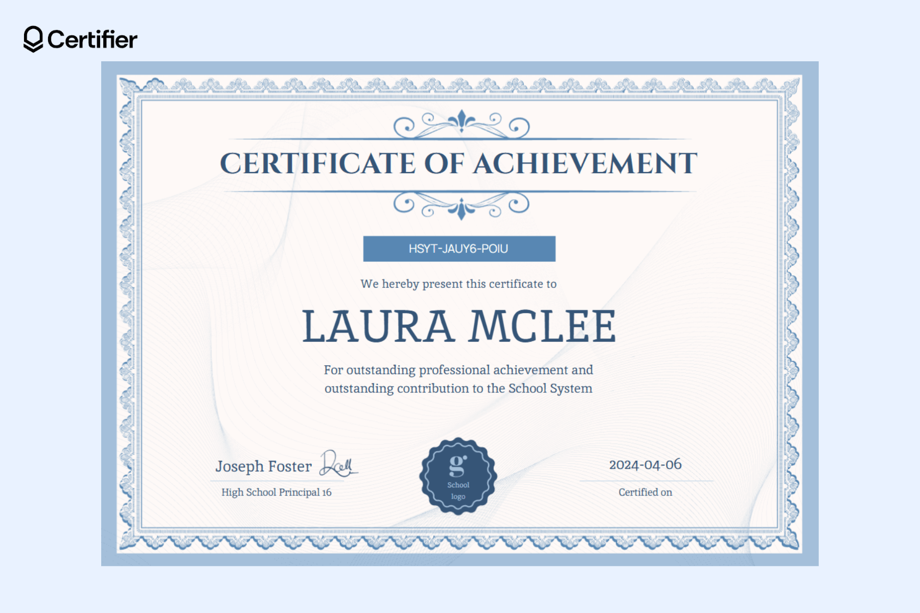 Free editable certificate template: Word free download certificate with blue design, decorative frame, and a logo placeholder in the bottom part. Free editable certificate template: Word free download certificate with blue design, decorative frame, and a logo placeholder in the bottom part.
