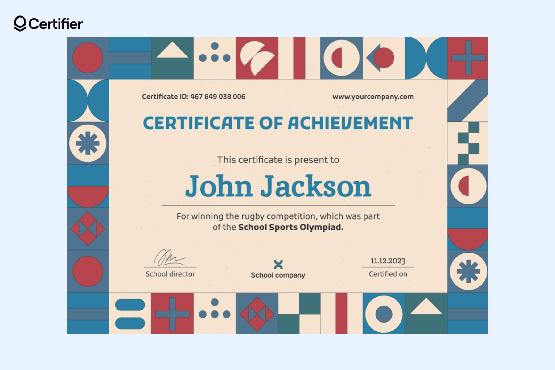 One of the free certificate templates for Word from Certifier with a colorful frame around it. One of the free certificate templates for Word from Certifier with a colorful frame around it.