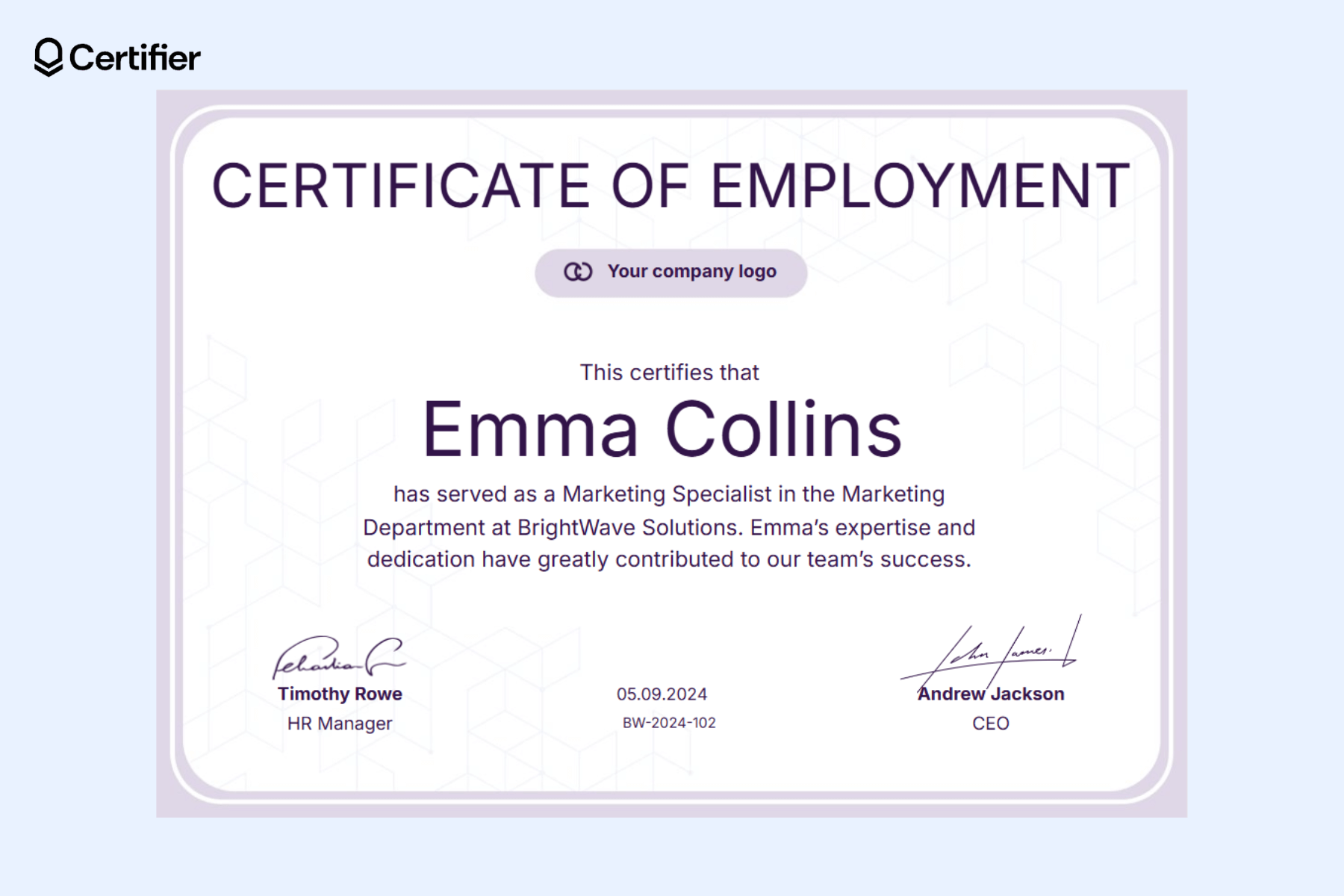 The certificate Word template of the free certificate templates for Word with a purple design, a placeholder for a logo, signatures, and completing wording. The certificate Word template of the free certificate templates for Word with a purple design, a placeholder for a logo, signatures, and completing wording.