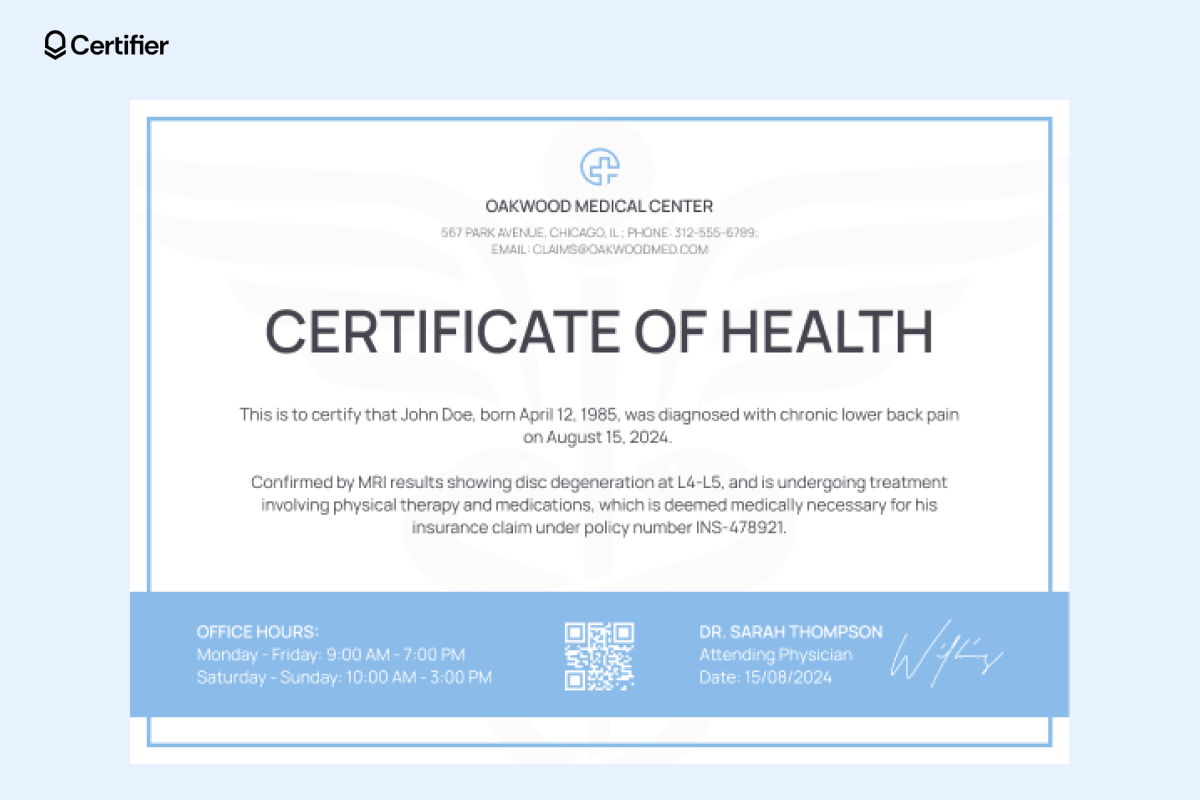 A customizable and free health certificate confirming diagnosis and treatment for lower back pain, ideal for a medical certificate template download with a QR code. A customizable and free health certificate confirming diagnosis and treatment for lower back pain, ideal for a medical certificate template download with a QR code.