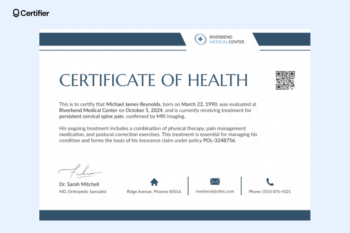 A white and dark blue certificate of health confirming treatment for spine pain, perfect for medical certificate templates free. A white and dark blue certificate of health confirming treatment for spine pain, perfect for medical certificate templates free.