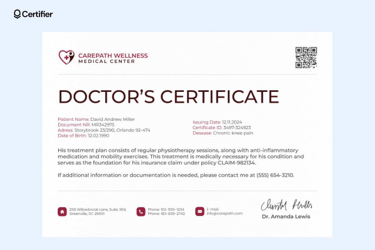 A doctor's certificate, including patient details and treatment plan, ideal for a medical certificate template. A doctor's certificate, including patient details and treatment plan, ideal for a medical certificate template.